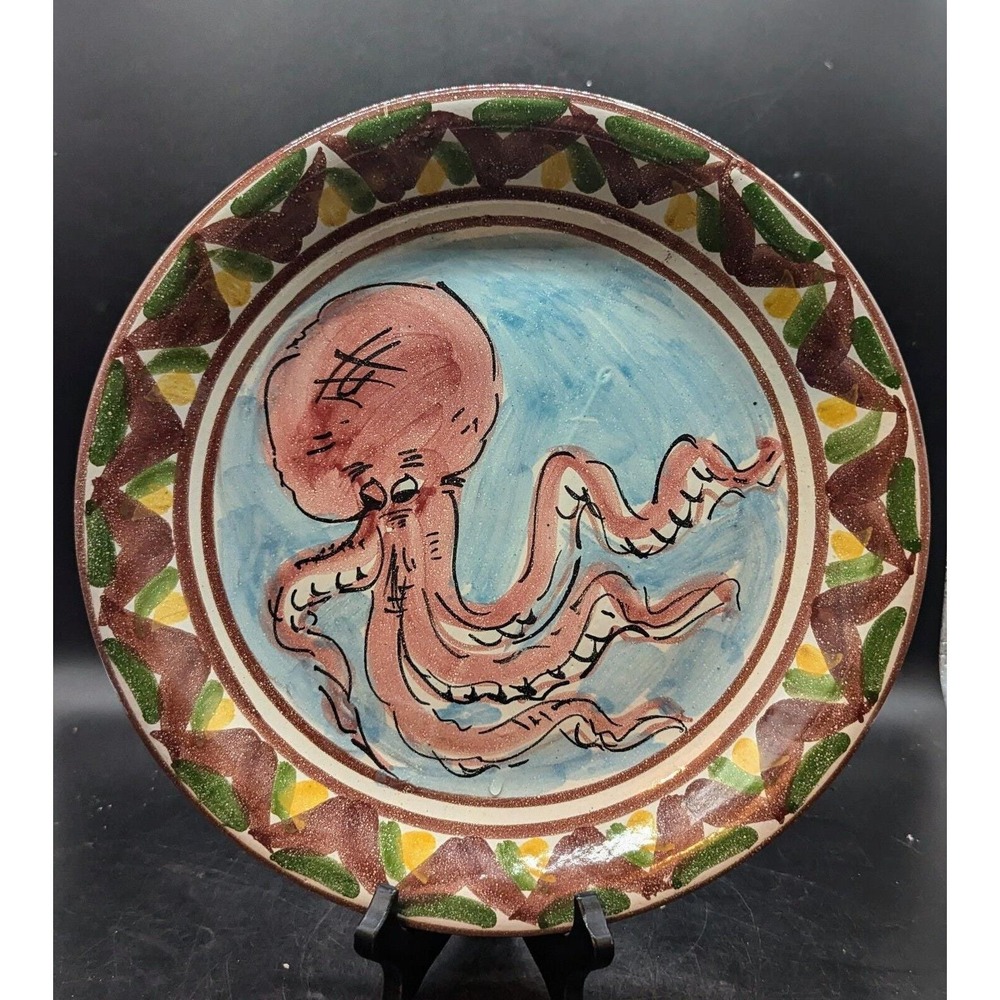 Vintage Hand Painted Italian Pottery 12" Octopus Charger Wall Plate Signed